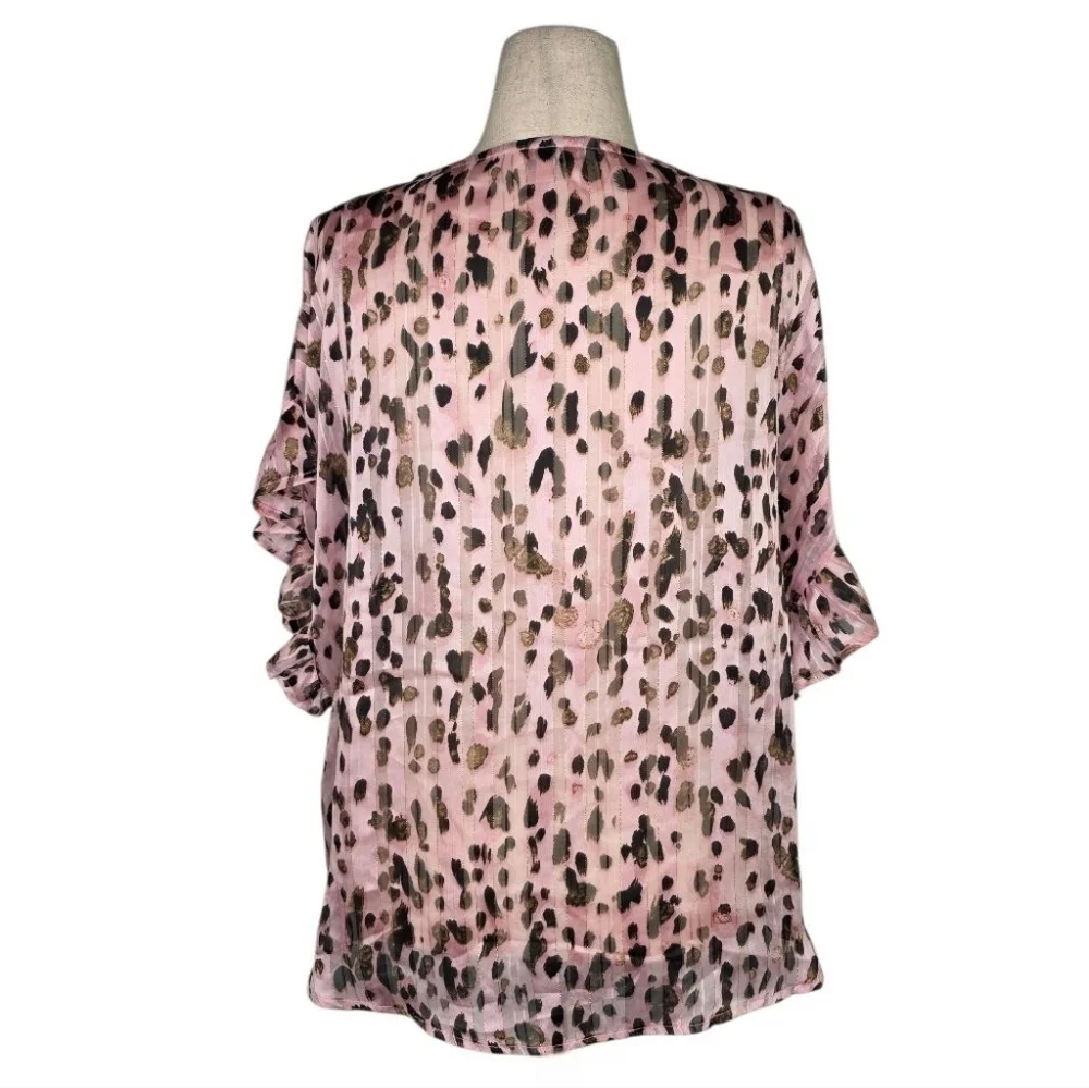 Umgee Pink Metallic Leopard Print Ruffle Sleeve Blouse Size L Sheer Top